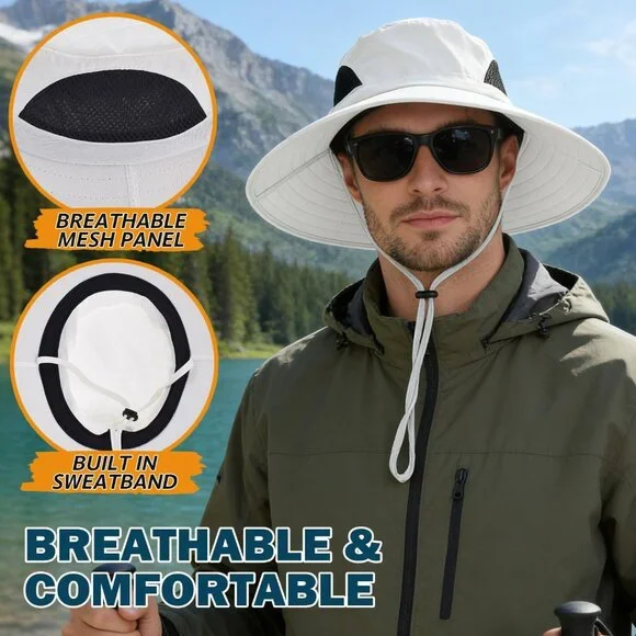 Unisex White 100% Polyester Wide Brim Mesh Vents With Chin Strap Fishing Sun Hat - Picture 5 of 7